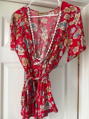 Red Floral Wrap Chemise with Tie Waist